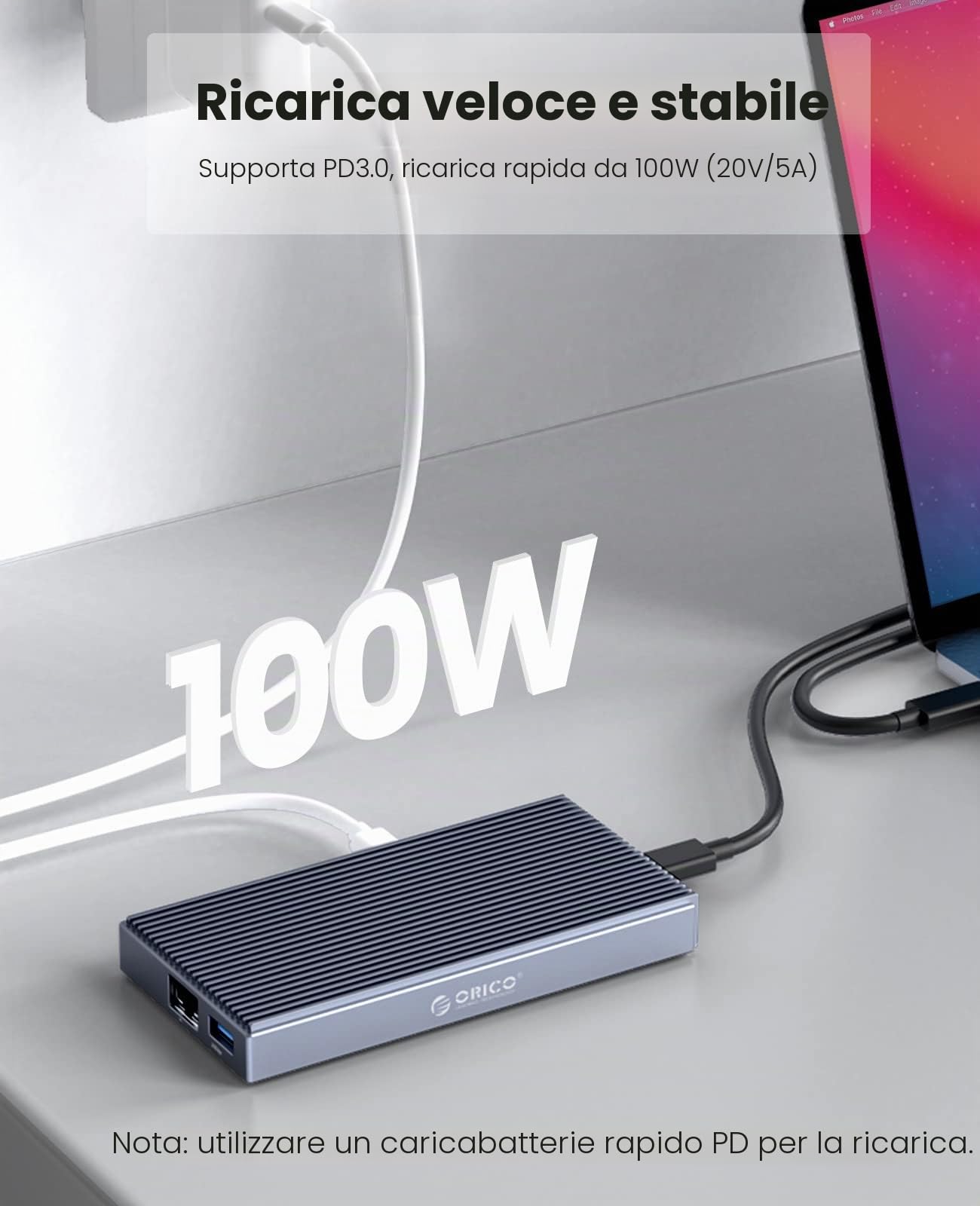 ORICO Docking Station USB C con M.2 NVMe SSD Enclosure, 9-in-1 Hub Adattatore con 100W PD, 3 Porte USB 3.1, HDMI 4K 30 Hz, TF/SD, Ethernet RJ45, Audio/Mic da 3,5 mm