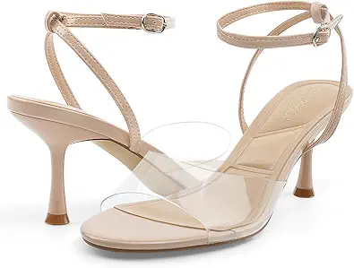 JENN ARDOR Clear Heels for Women Kitten Strappy Sandals Comfort Round Open Toe Ankle Strap Stilettos Wedding Party Low Heeled Dress Shoes