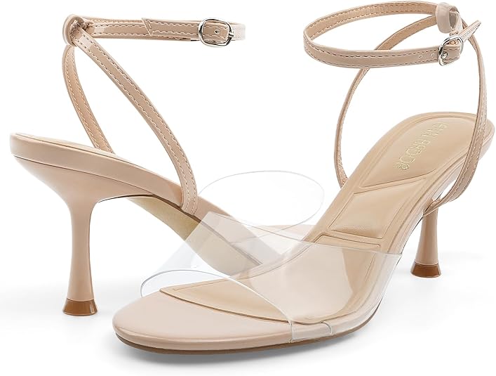 JENN ARDOR Clear Heels for Women Kitten Strappy Sandals Comfort Round Open Toe Ankle Strap Stilettos Wedding Party Low Heeled Dress Shoes