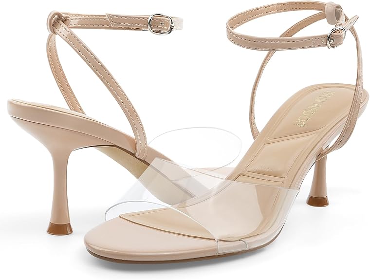 JENN ARDOR Clear Heels for Women Kitten Strappy Sandals Comfort Round Open Toe Ankle Strap Stilettos Wedding Party Low Heeled Dress Shoes