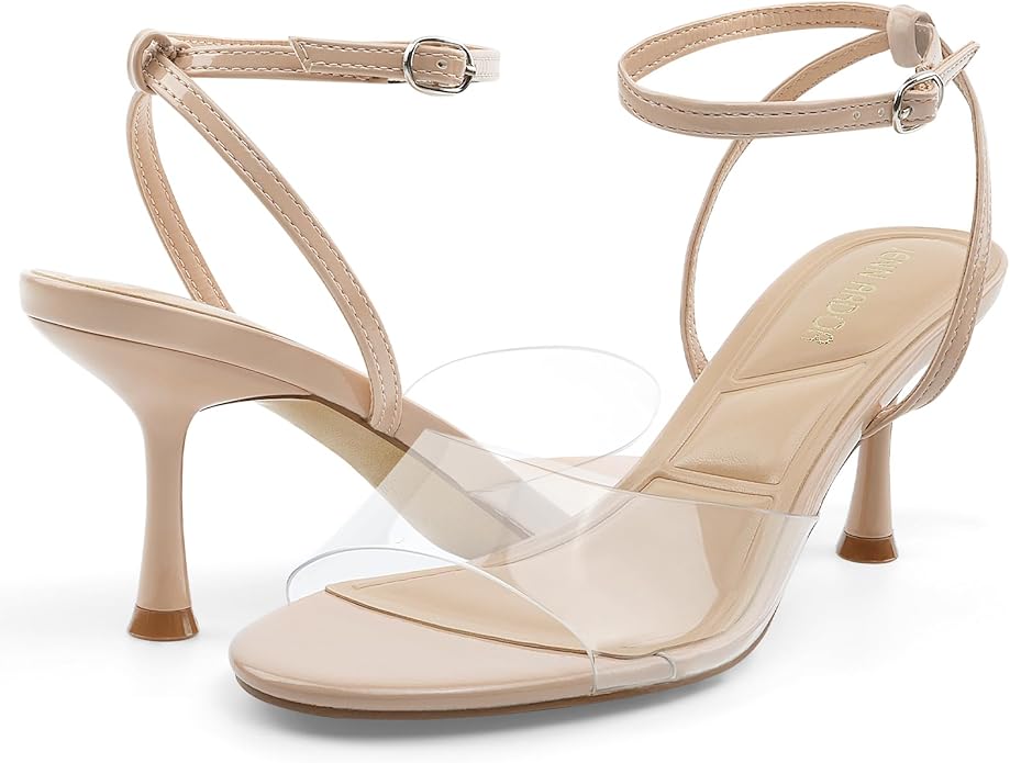 JENN ARDOR Clear Heels for Women Kitten Strappy Sandals Comfort Round Open Toe Ankle Strap Stilettos Wedding Party Low Heeled Dress Shoes