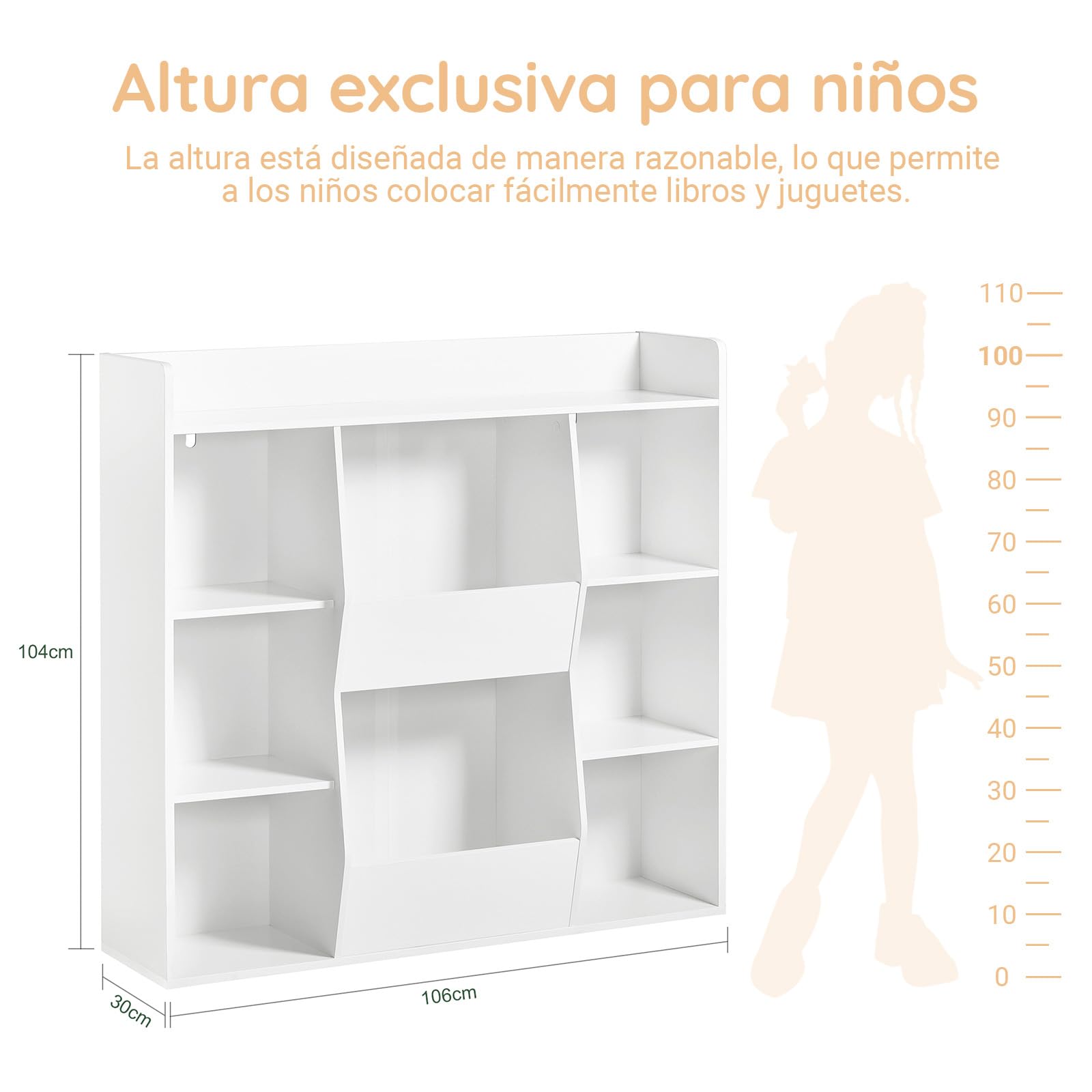 SoBuy Librería Infantil Estantería Montessori con 6 Estantes y 2 Compartimientos Organizador Juguetes Almacenaje para Libros Muebles habitación Blanco 106x30x104 cm KMB55-W