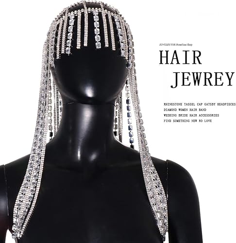 Miniatura 3 de STONEFANS Gorra larga con borlas y diamantes de imitación para mujer, diseño de Gatsby de los años 20, cadena de cristal, postizo de joyería,