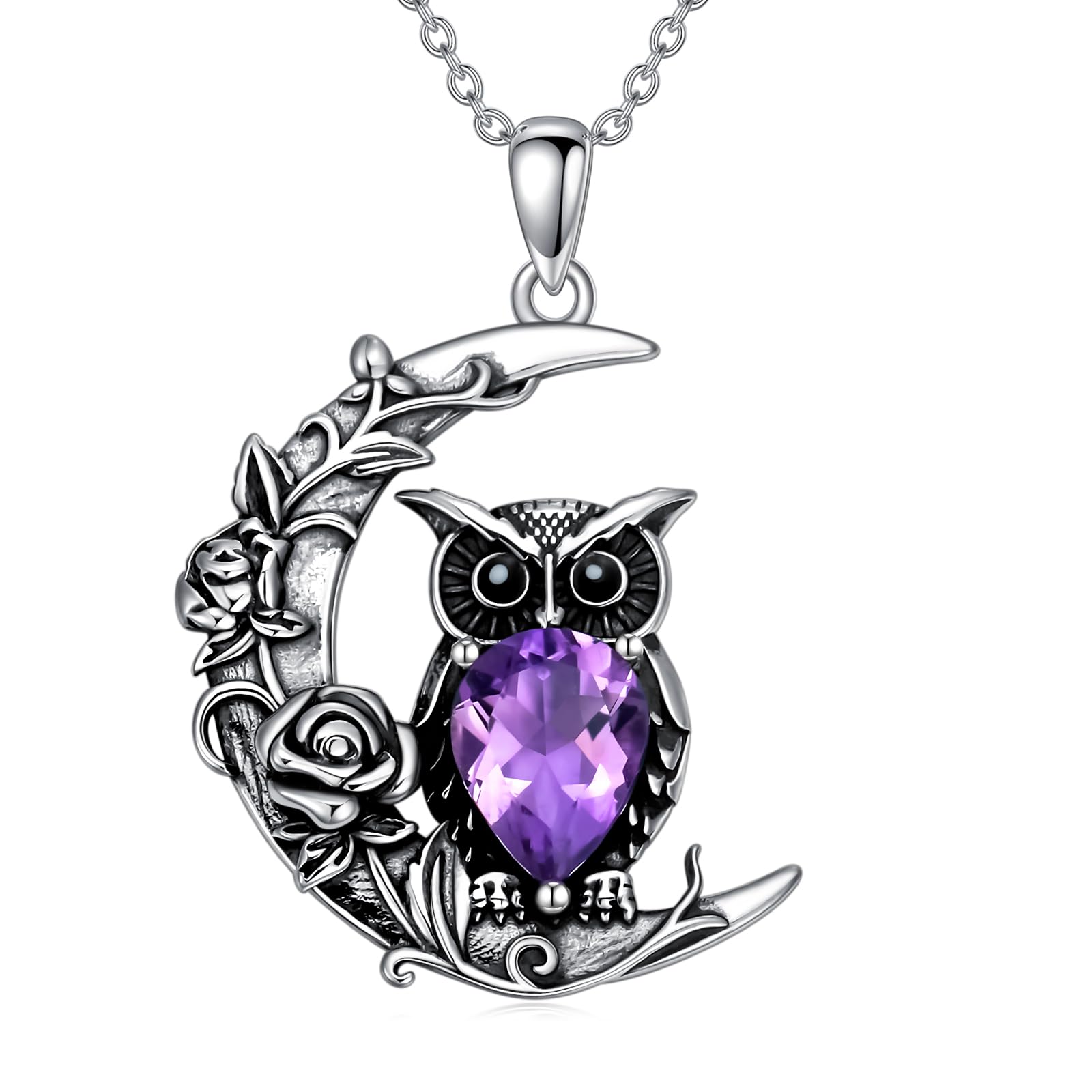 AXELUNA Amethyst Eule Halskette für Frauen 925 Sterling Silber Halbmond Eule Rose Halskette Schmuck Geschenke für Mutter Ehefrau