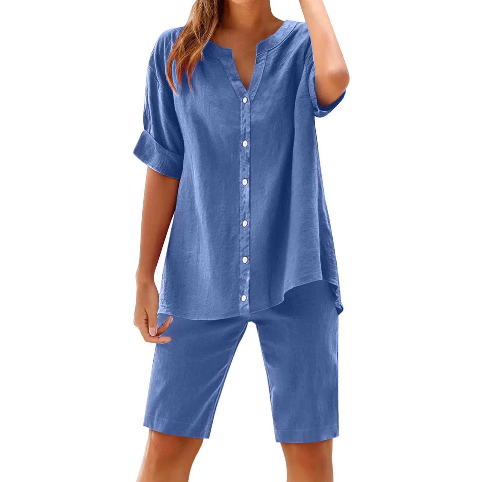 Two Piece Sets for Women Summer Casual Button Down Shirts Gauze Bermuda Shorts Fashion Beach Vacation Lounge Outfits