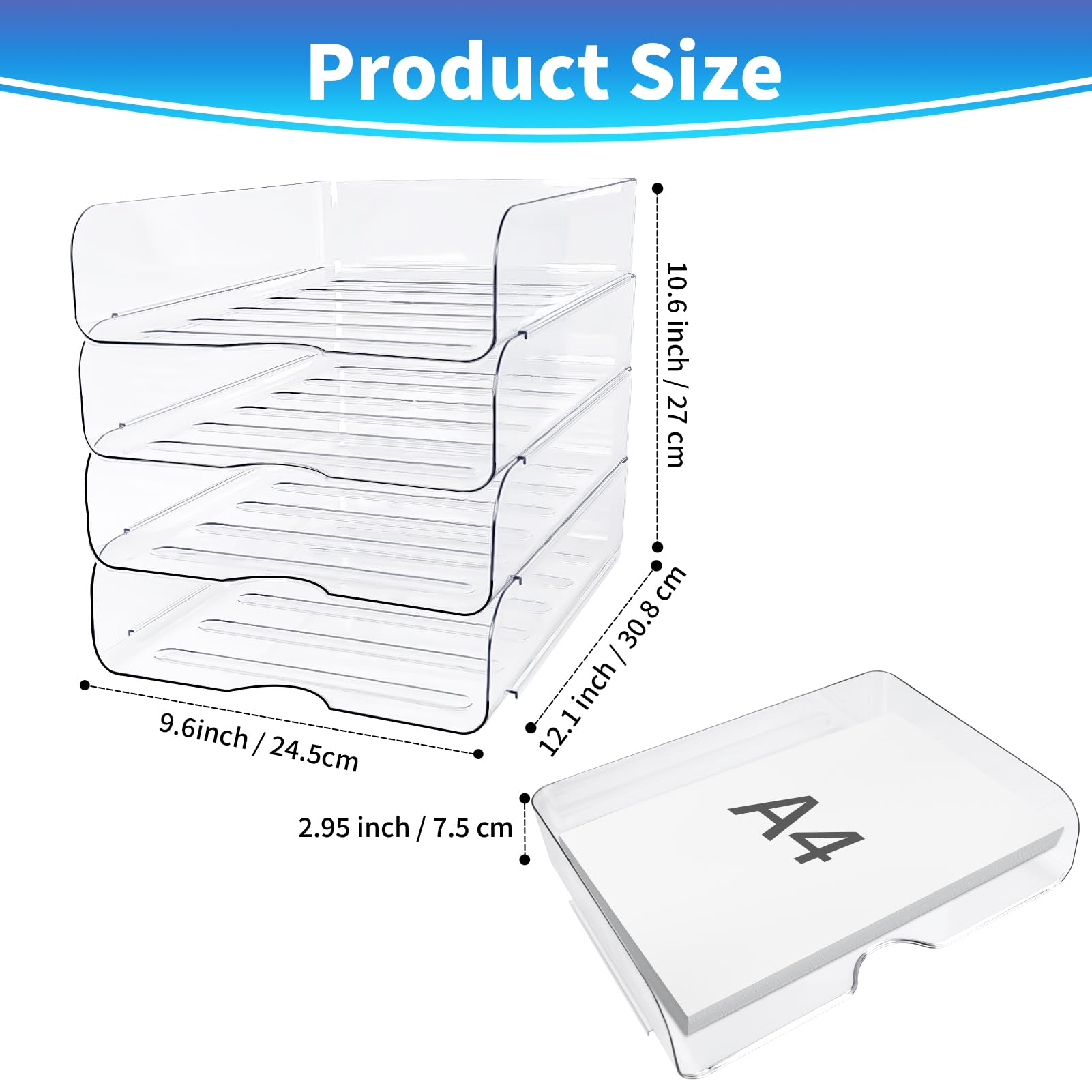 Paquete de 4 bandejas apilables para escritorio, organizador de archivos transparente para archivos, iPad, cartas, archivos de oficina A4, libros, notas, vertical