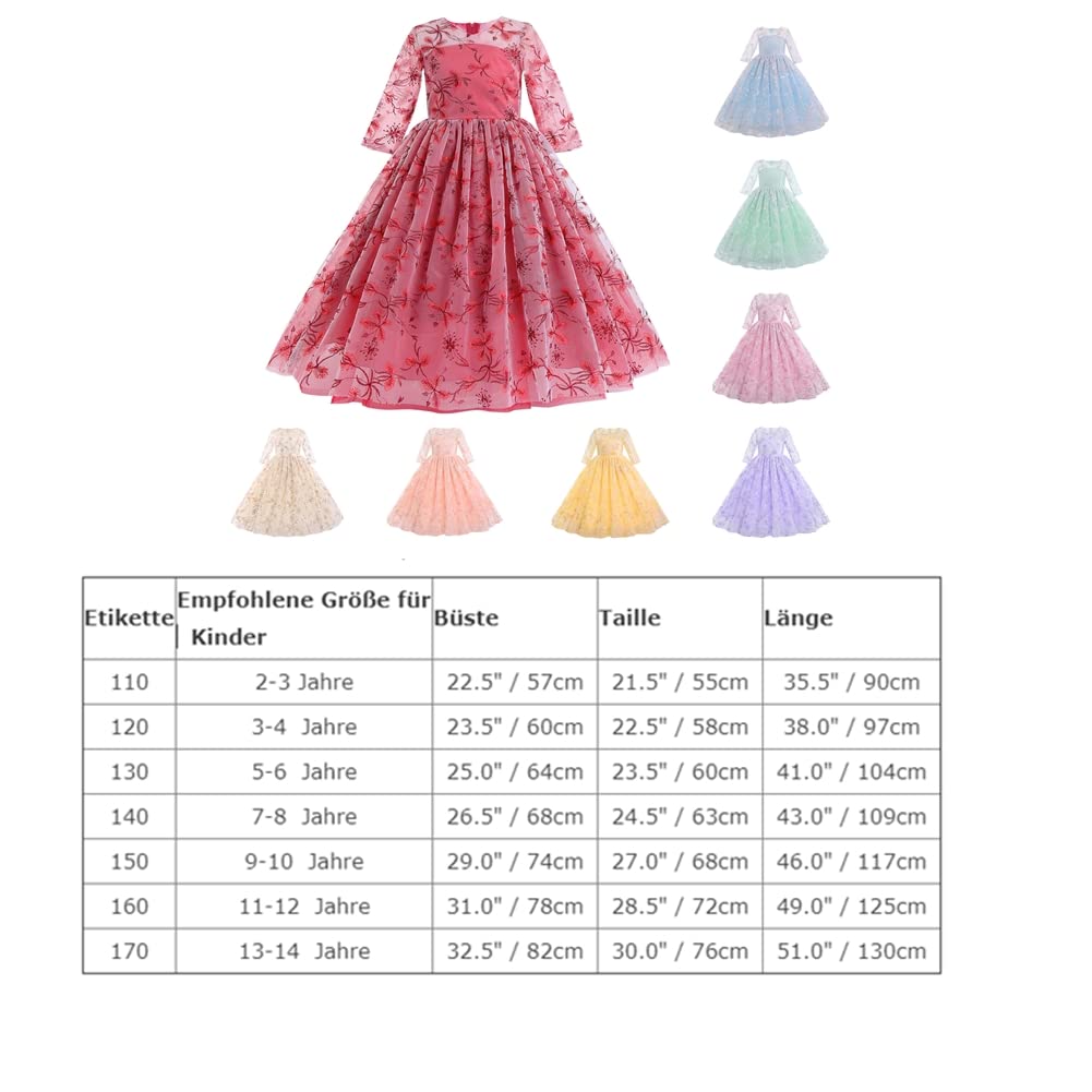 Odizli Vestidos de niña de flores festivos largos vestido de fiesta 3/4 manga flor bordado vestido de tul vestido de princesa vestido de boda fiesta vestido de noche, azul, 9-10 Años