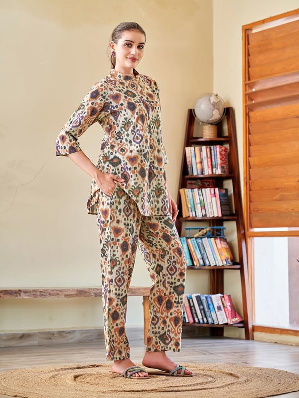 Image of Cotton Relaxed Fit Shirt & Trouser Co-Ord Set for Women |Front Openable Button and 3 /4 Sleeve Shirt |Two Pockets and Elasticated Waist Trouser | Casual Wear and Everyday Wear