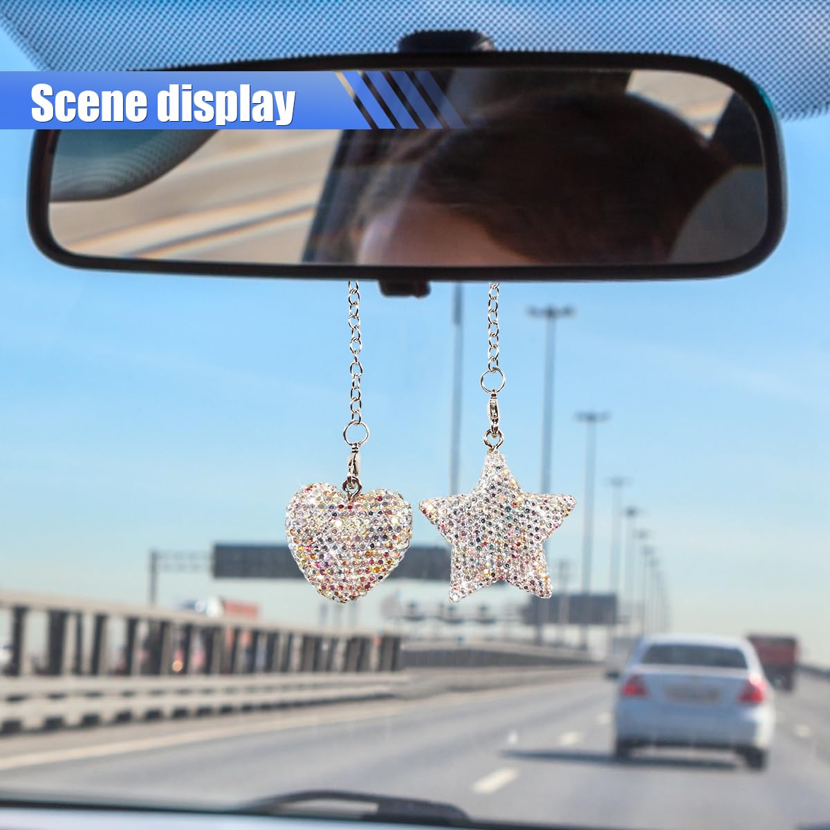 Bling Star Heart Diamond Car Accessories Car Rear View Mirror Charm Car Lucky Hanging Interior Ornament Crystals Pendant — view 5