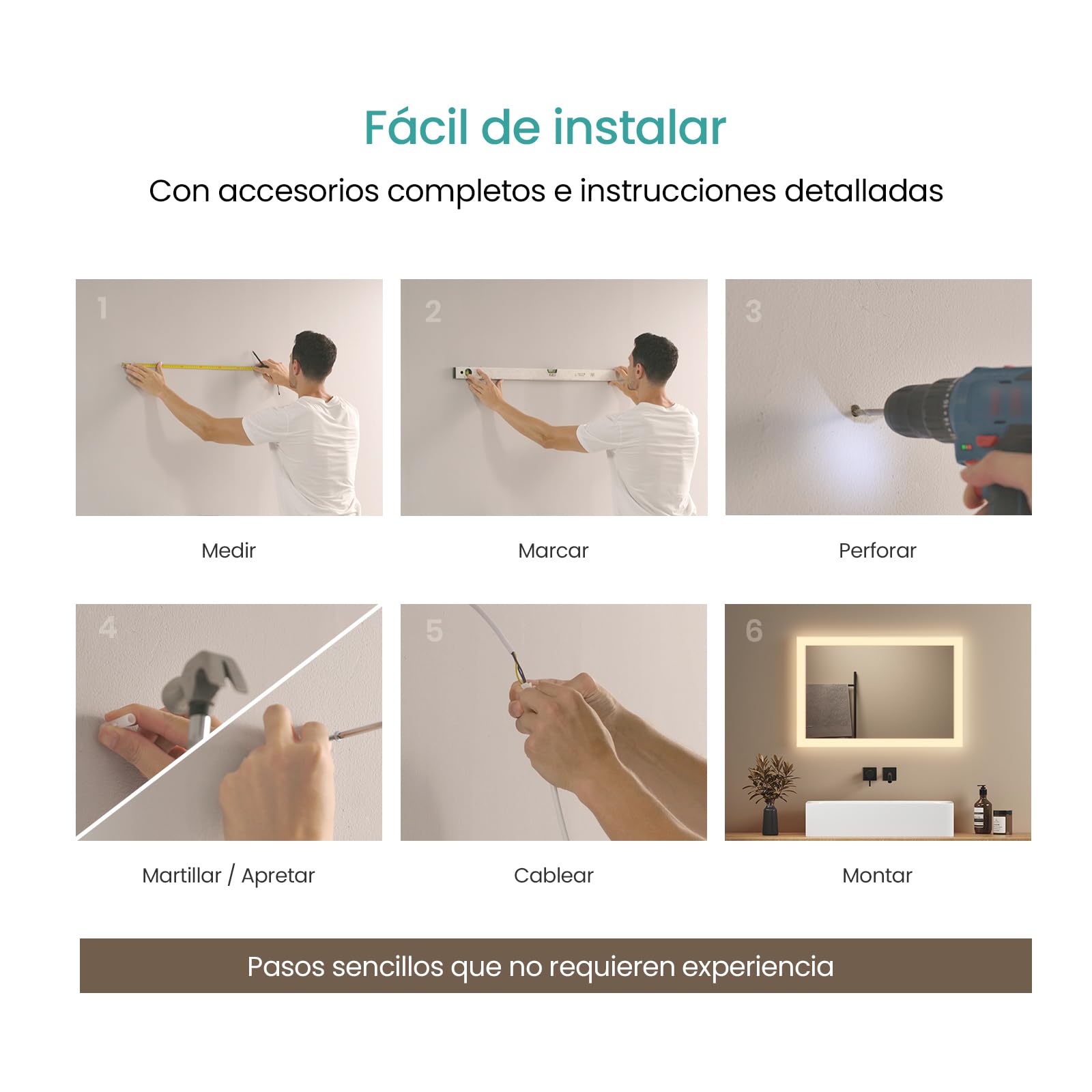 EMKE Espejo Baño con Luz Led 40x60 cm, 3000K Blanco cálido | Espejo de baño LED , Interruptor de Pared, Instalación Vertical/Horizontal, Espejo Anti-explosión IP44, LED Espejo