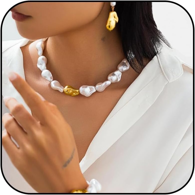Pearl Necklace and Earring Set Gold Pearl Jewelry Baroque Pearls Necklace with Drop Earrings Pearls Bracelets for Women Elegant Jewelry Gift