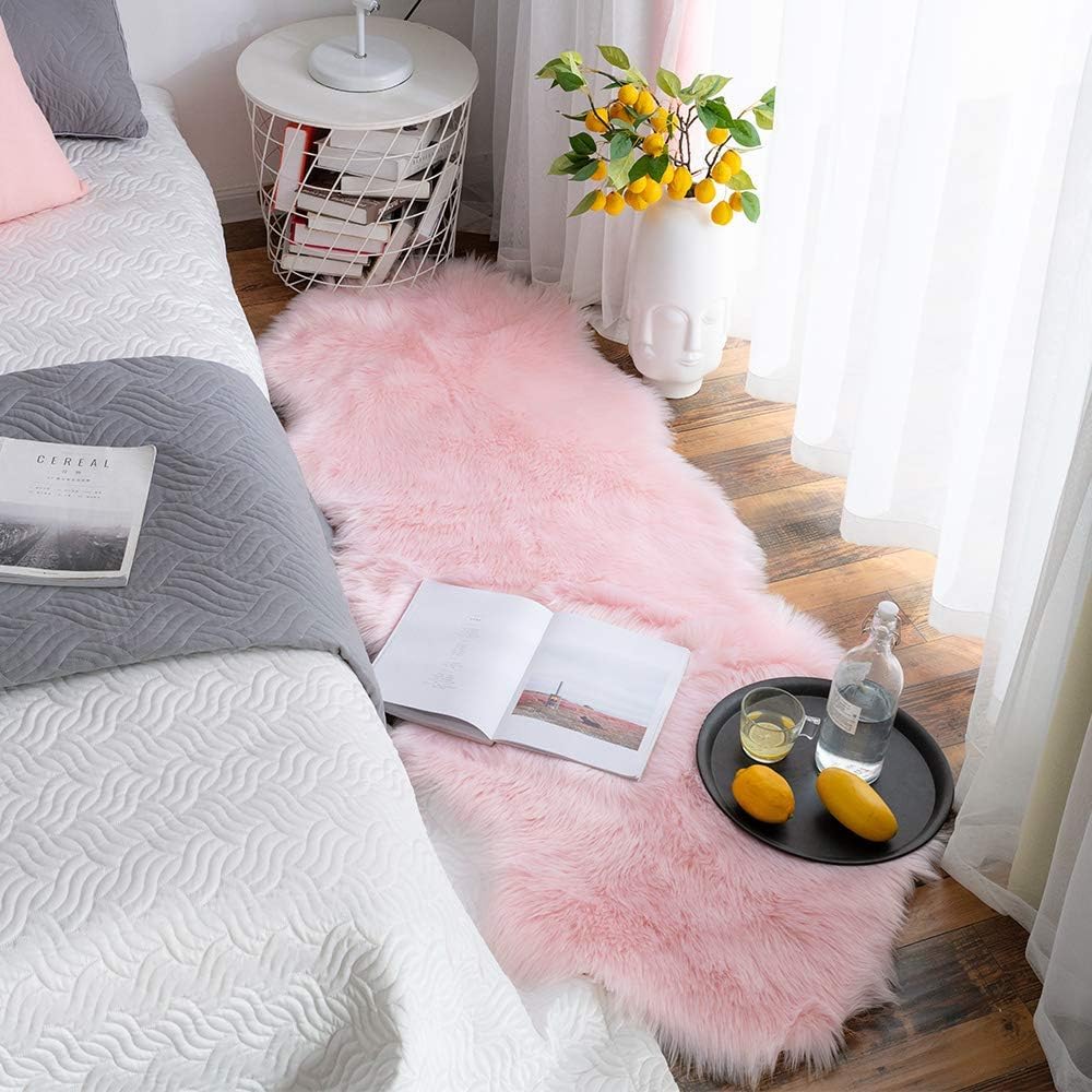 JXLOULAN Fluffy Faux Sheepskin Rug Pink 60x160 cm- Hypoallergenic Non-Shedding Area Rug for Living Room/Bedroom/Kids Room - Image 2