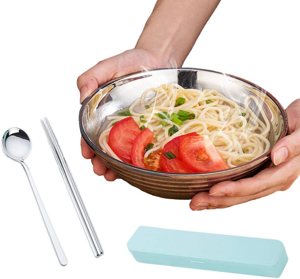 Cangad 麺鉢・丼 ラーメン丼 真空 断熱 ラーメン どんぶり 保温 保冷 ヌードル ボウル ステンレス鋼製 箸セットが付き (20CM)