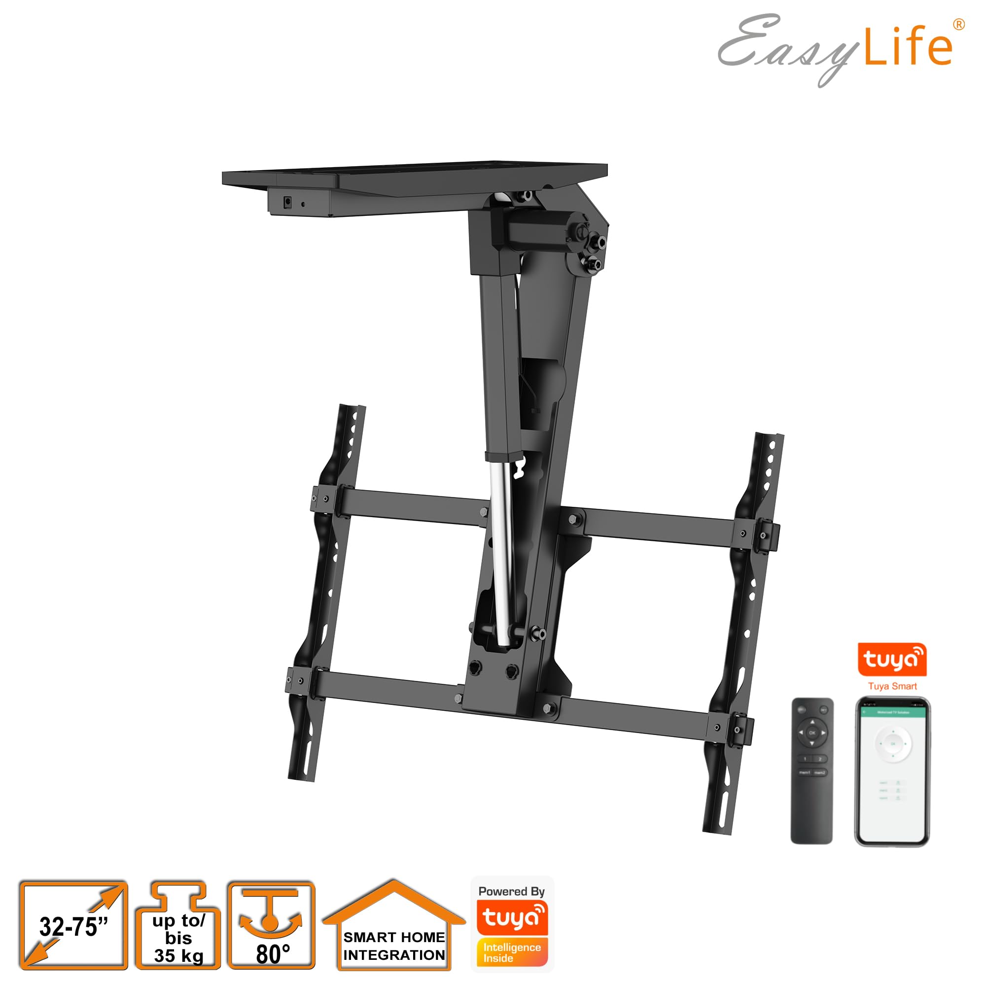 EasyLife - Uchwyt sufitowy do telewizora V2 Smart Home, elektrycznie wychylny, integracja Smart Home, od 37 do 75 cali, uchwyt VESA do 600 x 400 cm, do telewizorów LCD/OLED, monitora, wyświetlacza