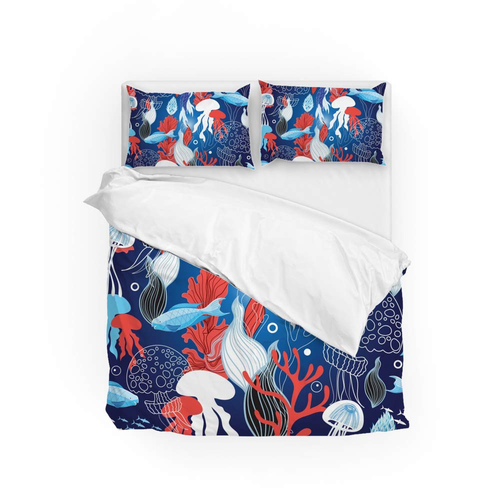 Parure de lit housse de couette taie d'oreiller méduse poisson bleu foncé polyester lit complet