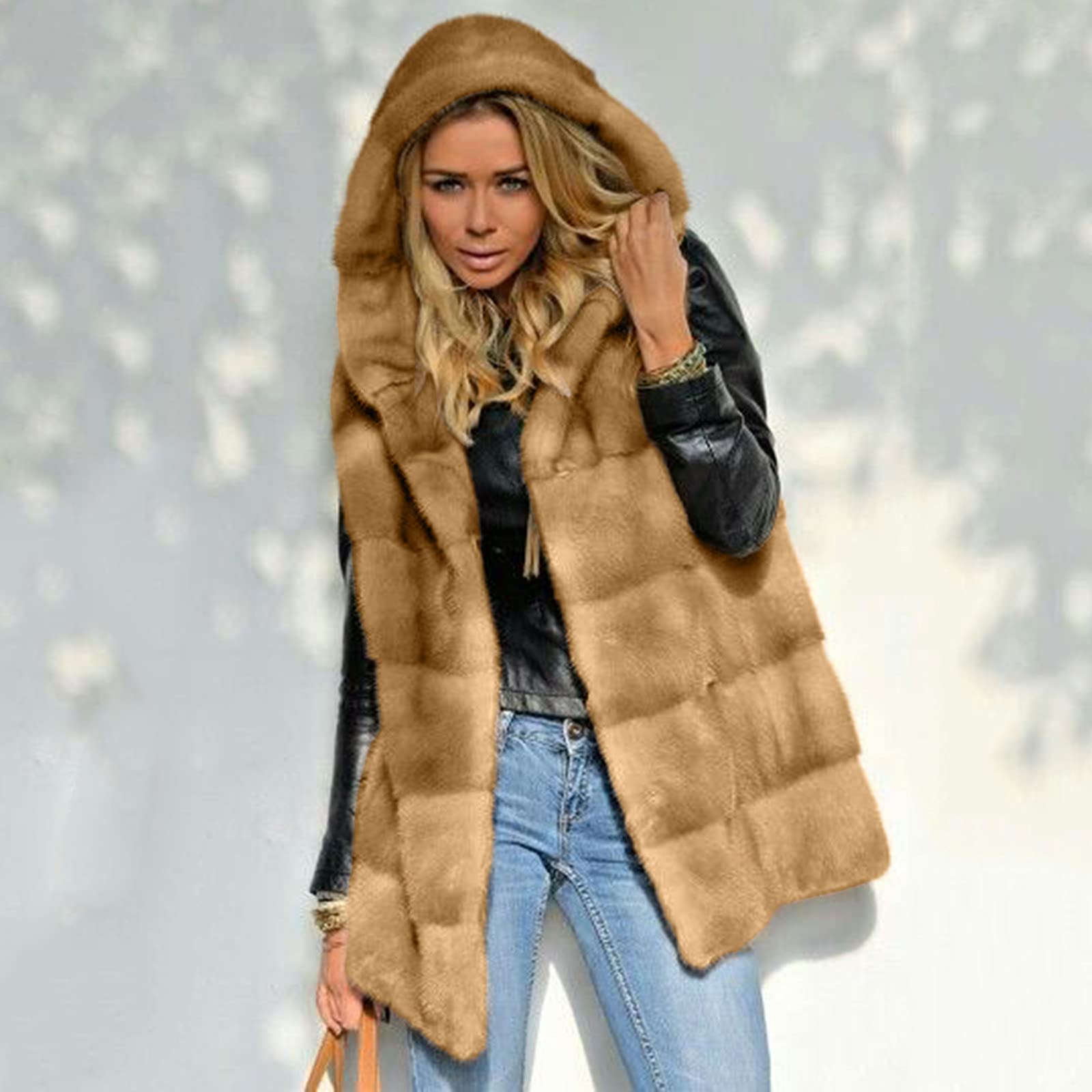 Gilet in pelliccia da donna, da donna, in pelliccia sintetica, elegante, con cappuccio, cachi, L