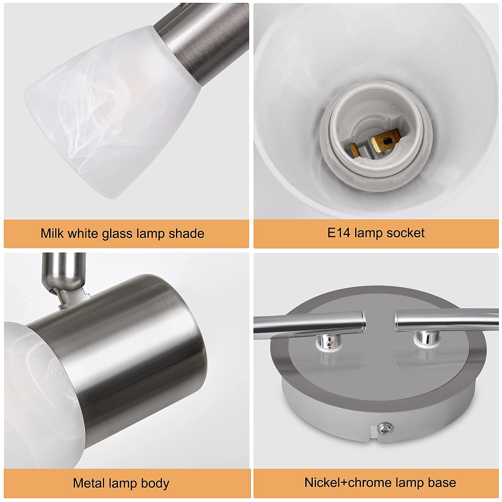 Plafoniera LED 4 Faretti Orientabili, Faretti da Soffitto con Paralume in Vetro, Lampada da Soffitto con 4 Lampadine E14 4W 400LM Bianco Caldo, Luminario Plafoniera per Soggiorno, Sala, Cucina