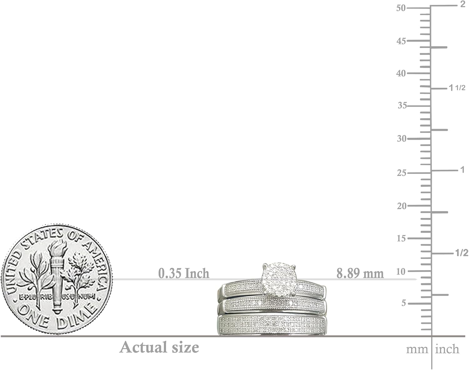 Dazzlingrock Collection 0.48 Ctw Round White Natural Diamond Cluster Circle Framed Wedding Trio Ring Set for Men & Women in 925 Sterling Silver