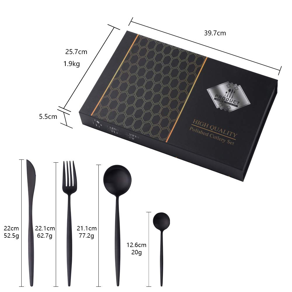 Juego de cubiertos YDware, 24 piezas de acero inoxidable, cubertería para 4, vajilla negra con caja de regalo, acabado mate