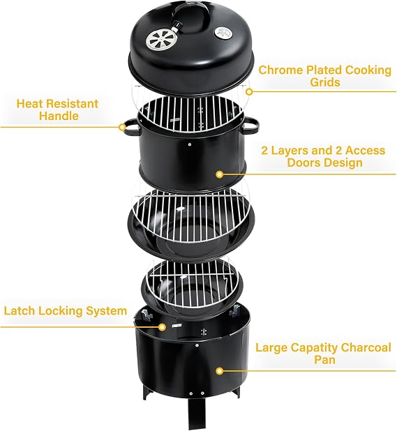TENGCHANG 32 Charcoal Smoker BBQ Grill, 3IN1 Outdoor Vertical Smoke Portable Meat Cooker, Black