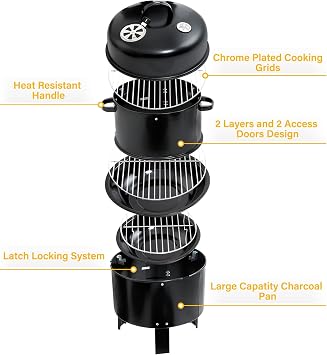 TENGCHANG 32 Charcoal Smoker BBQ Grill, 3IN1 Outdoor Vertical Smoke Portable Meat Cooker, Black