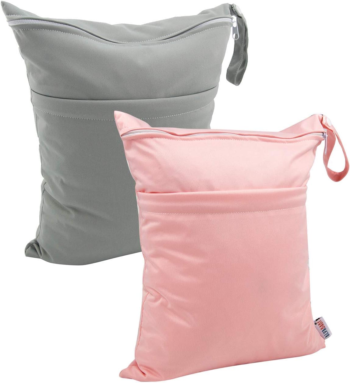 NUJOOM Diaper Wet Dry Bags,Waterproof Reusable with Two Zippered Pockets Travel Beach Pool Daycare Soiled Baby Items Yoga Gym Bag for Baby Items Wet Clothes Swimming Gym Pool Beach Bag(Grey+Pink)