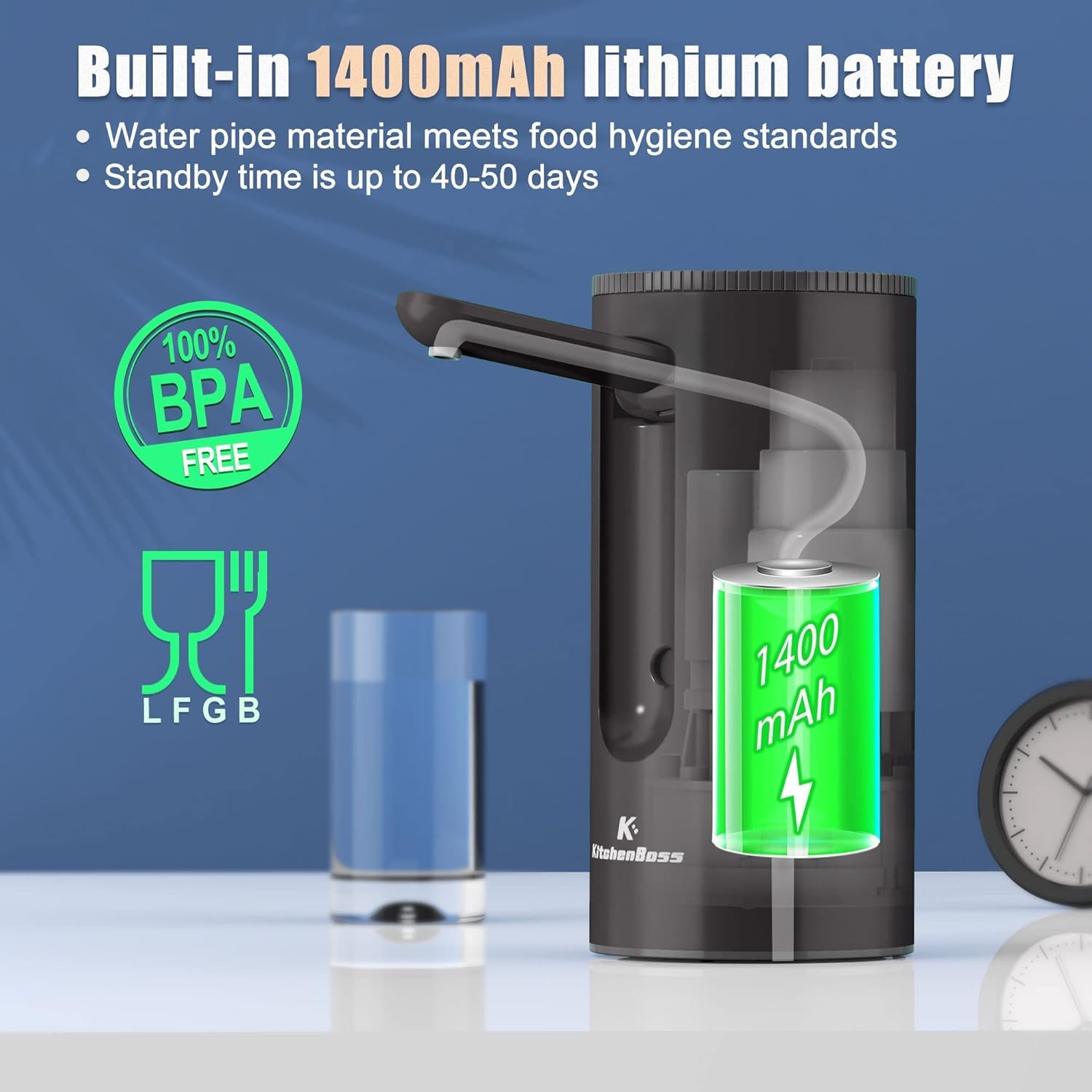 KitchenBoss Pompe Distributeur d'Eau Électrique USB Type-C pour Bouteilles 3.8-18.9 L Noir
