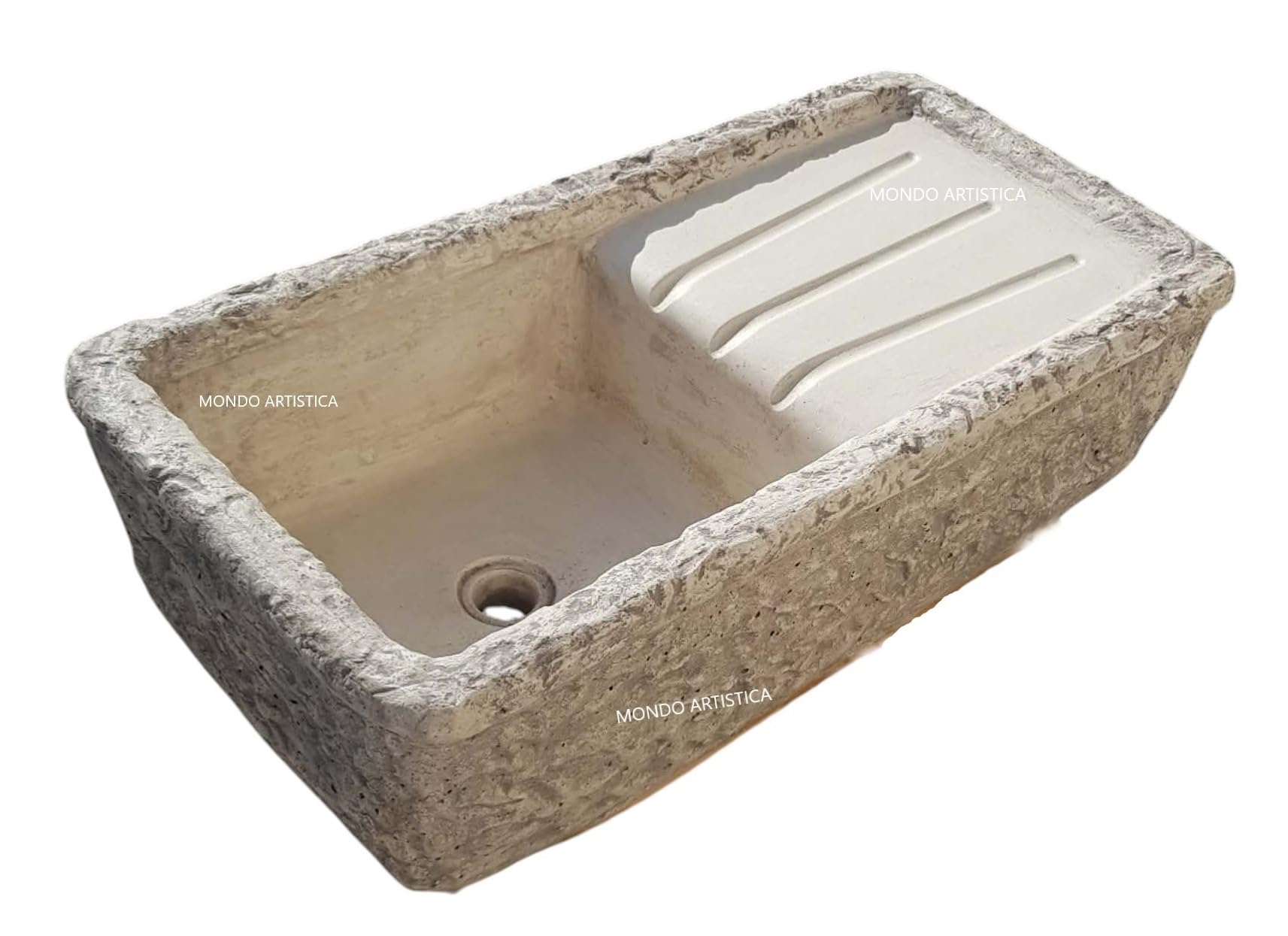 Lavandino Da Esterno, Lavabo Per Giardino, Pilozzo Con Vasca E Gocciolatoio, Fontana Altezza 22 cm, Larghezza 80x40 Cm, In Cemento Bianco E Polvere Di Marmo, Colore Sfumato Grigio, Mondo artistica