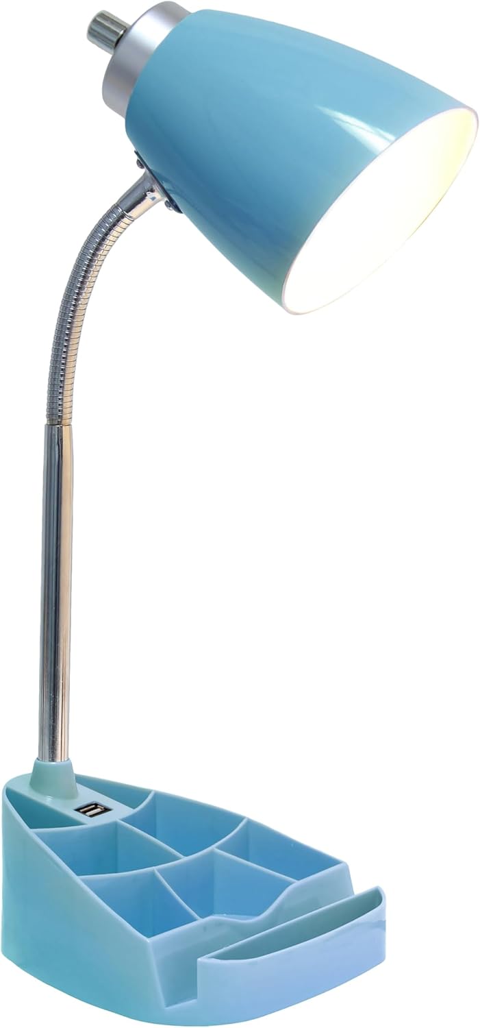 Simple Designs LD1056-BLU-LB 18.5" Gooseneck Organizer Desk Lamp with iPad Tablet Stand Book Holder and USB Port, with LED Bulb, Blue