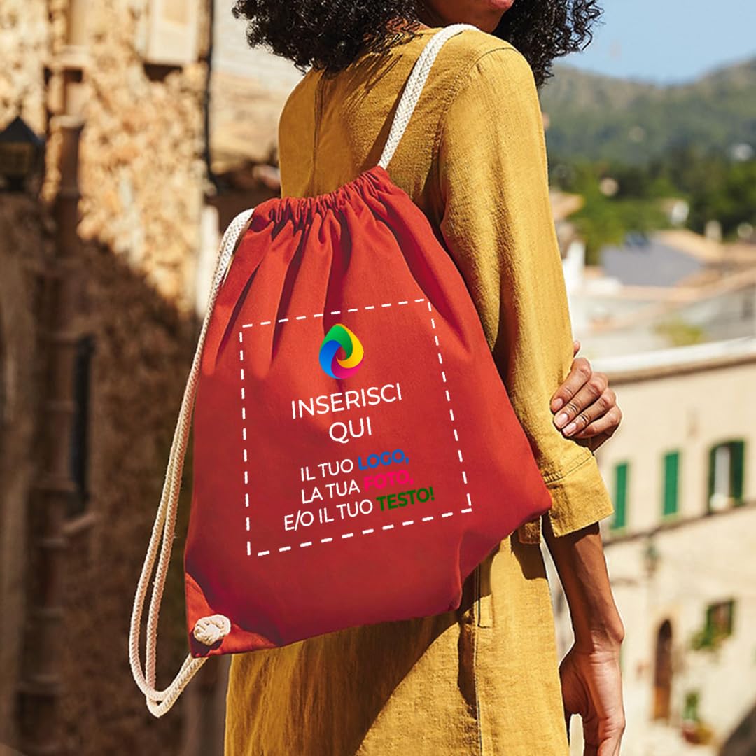 Teetaly - Sacca Zaino In Cotone Personalizzata Con Logo, Nome, Foto, Testo. Borsa A Sacchetto Con Cordoncino In Cotone Naturale