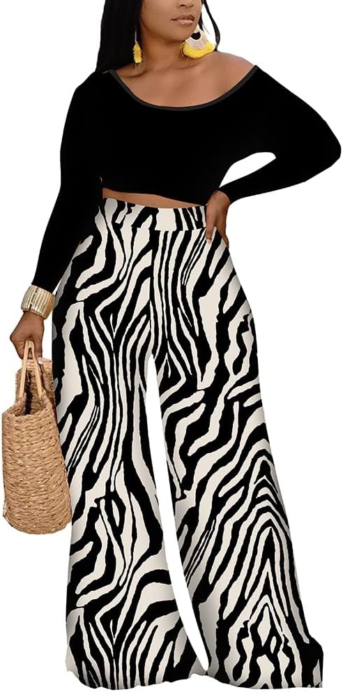 2 Piece Outfits for Women Sexy Backless Long Sleeve Crop Top High Waist Wide Leg Long Pant Sets Tracksuit Printed Set