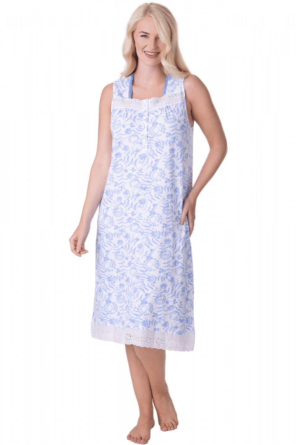 Camille 100% Cotton Sleeveless Women's Nightie | Below Knee Length Nightdress | Comfortable & Breathable Traditional Nighty With Button Fastening | Classic Nightwear | Aqua Fern 18-20