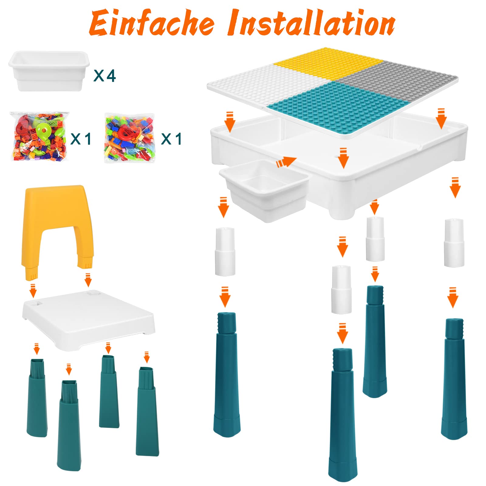 Tavolo Attività Bambini LARS360 Con 2 Sedie E 300 Mattoncini - Multifunzione, Doppio Lato - Foto 4