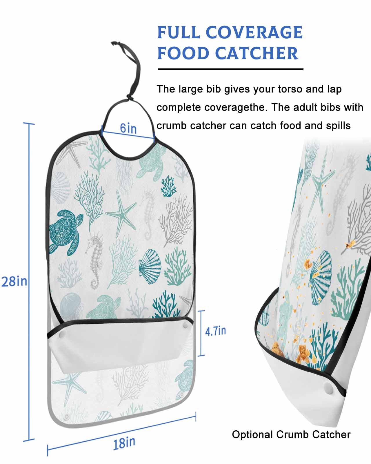 LEOKOTI Turquoise Coastal Adult Bibs for Eating, Waterproof Bibs with Food Catcher & Adjustable Snap Closure, Nautical Summer Beach Coral Sea Turtle Washable Clothing Protectors Adult Bibs for Elderly