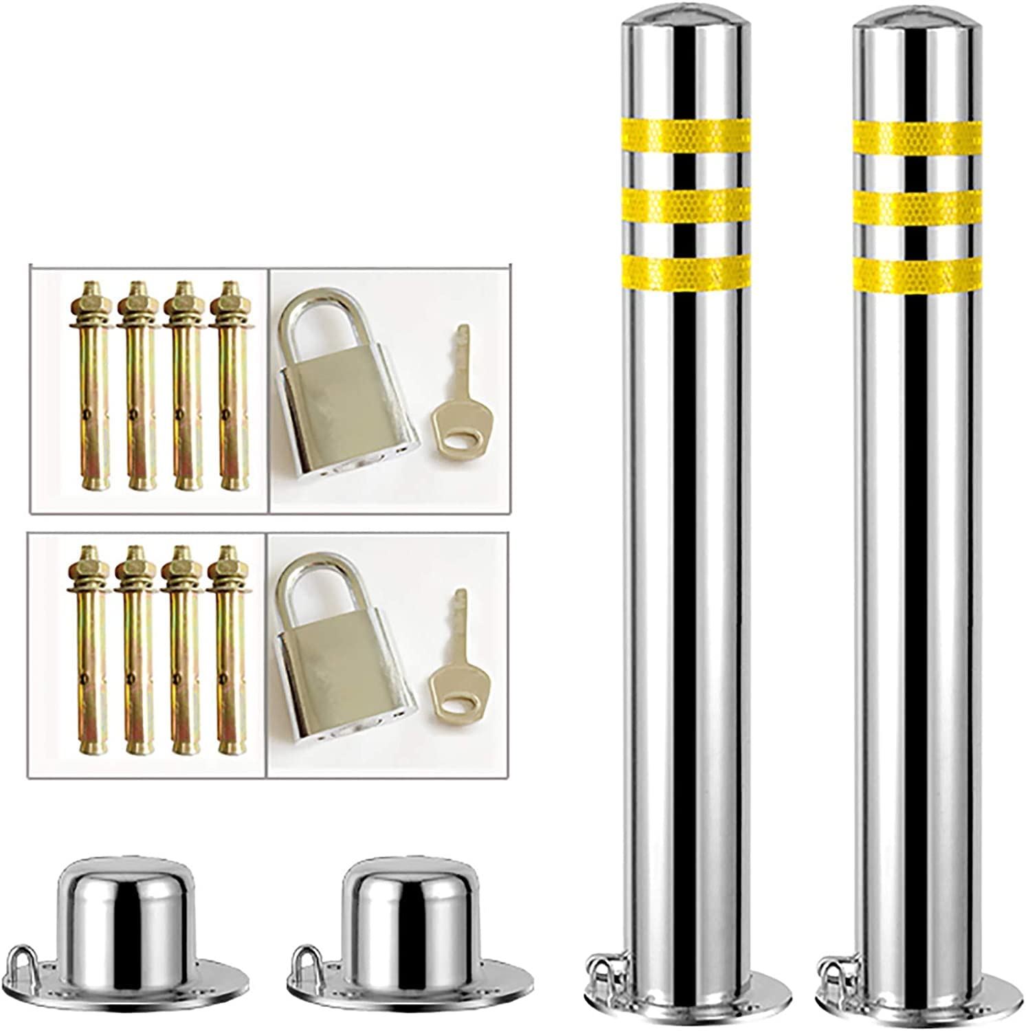 Safety Bollard Traffic Delineator Post, Stainless Steel Security Posts for Driveways 2pcs Barrier Reflective Tape Parking Post Bollards Prevent Rust Easy Installation(600mmx89mm)