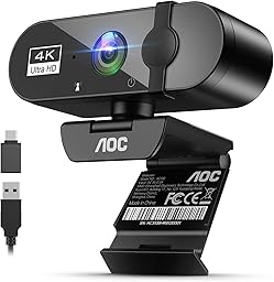 AOC Webcam 4K Ultra HD, Webcam mit Mikrofon & Objektivabdeckung, PC Kamera Plug & Play, 99° Ansicht, Autofokus, Web Cam kompatibel mit Zoom/Teams/Skype, für Home Office, Streaming, FaceTime, Schwarz