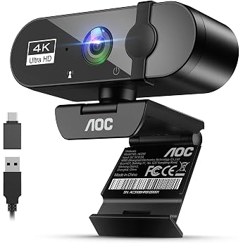 AOC Webcam 4K Ultra HD, 4K Webcam with Microphone &amp; Lens Cover | PC Camera Plug &amp; Play, 99&deg; View, Auto Focus, Web Cam Compati
