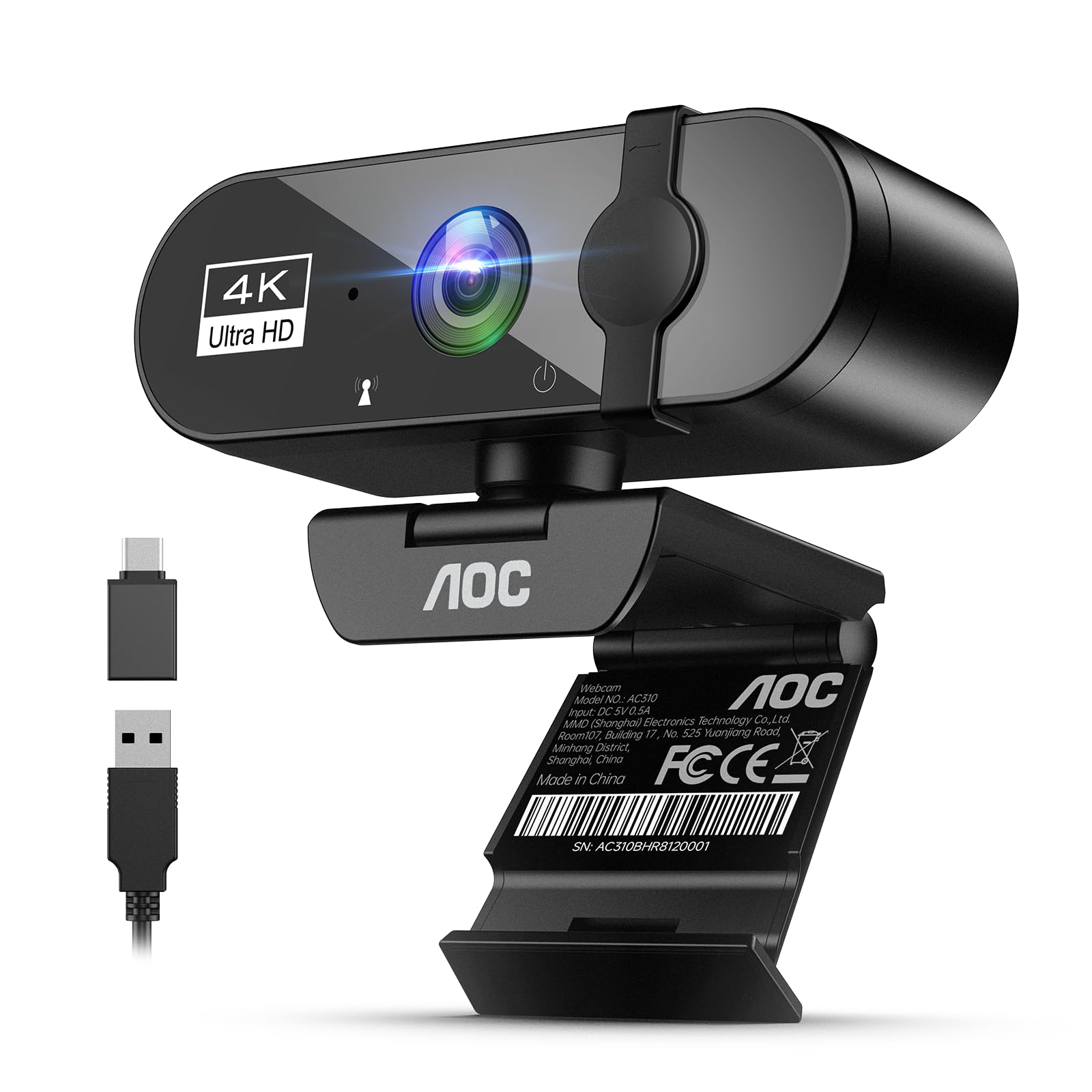 AOC Webcam 4K Ultra HD, Webcam mit Mikrofon & Objektivabdeckung, PC Kamera Plug & Play, 99° Ansicht, Autofokus, Web Cam kompatibel mit Zoom/Teams/Skype, für Home Office, Streaming, FaceTime, Schwarz