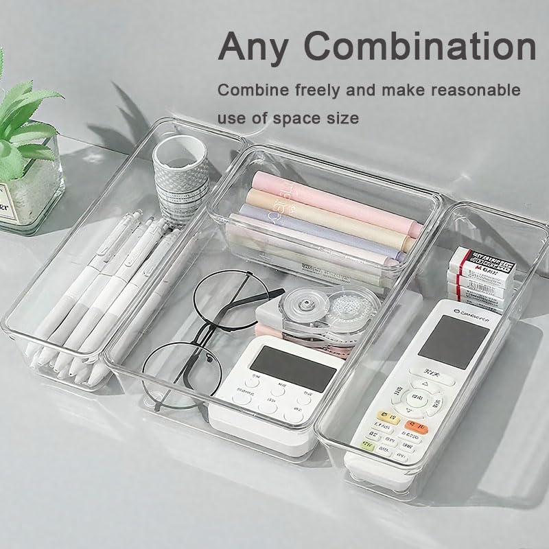 Miniatura 6 de Juego de 25 organizadores de cajones de plástico transparente, 4 tamaños de organizador de cajones de escritorio multifuncional, adecuado para