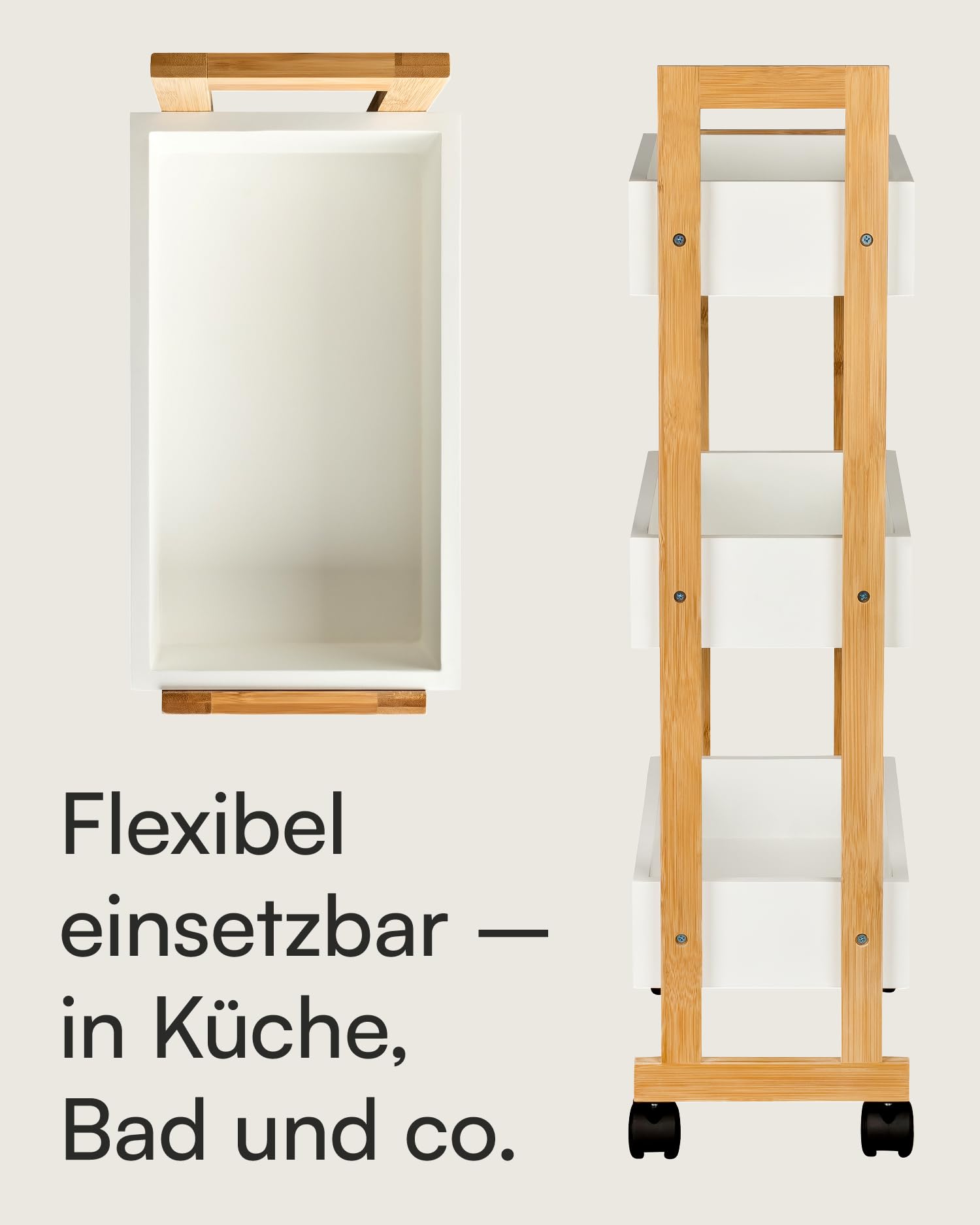 shelfmade Nischenregal Bambus - Küchenwagen schmal - Badregal Rollwagen - Küchenregal weiß, Nischenwagen mit 3 Körben - Holzregal, Badregal stehend
