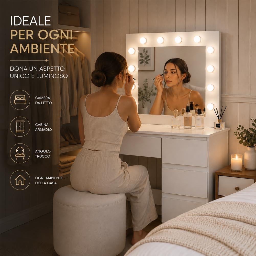 Shally Dogan Toeletta Trucco Bianca con Specchio e 12 Luci LED, 3 Cassetti, Postazione Makeup in Legno Design Minimal, Ideale per Interni, Casa, Camera da Letto, Cameretta 94 x 43 x 140 cm