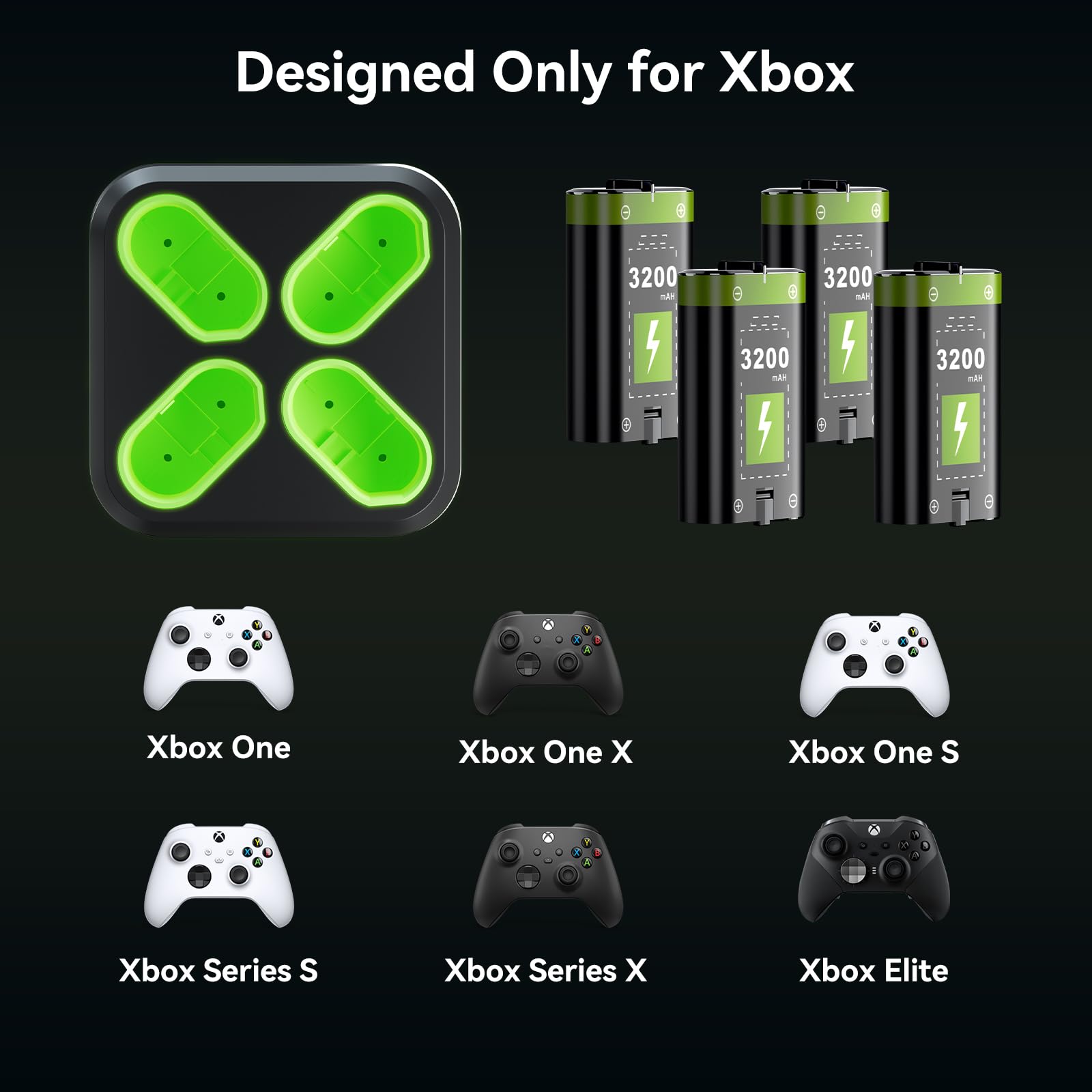 Lot de 4 batteries rechargeables de 3200 mAh pour manette Xbox Series X/Xbox Series S/Xbox One/Xbox One S/X/Elite, kit de batterie rechargeable avec station et câble de type C