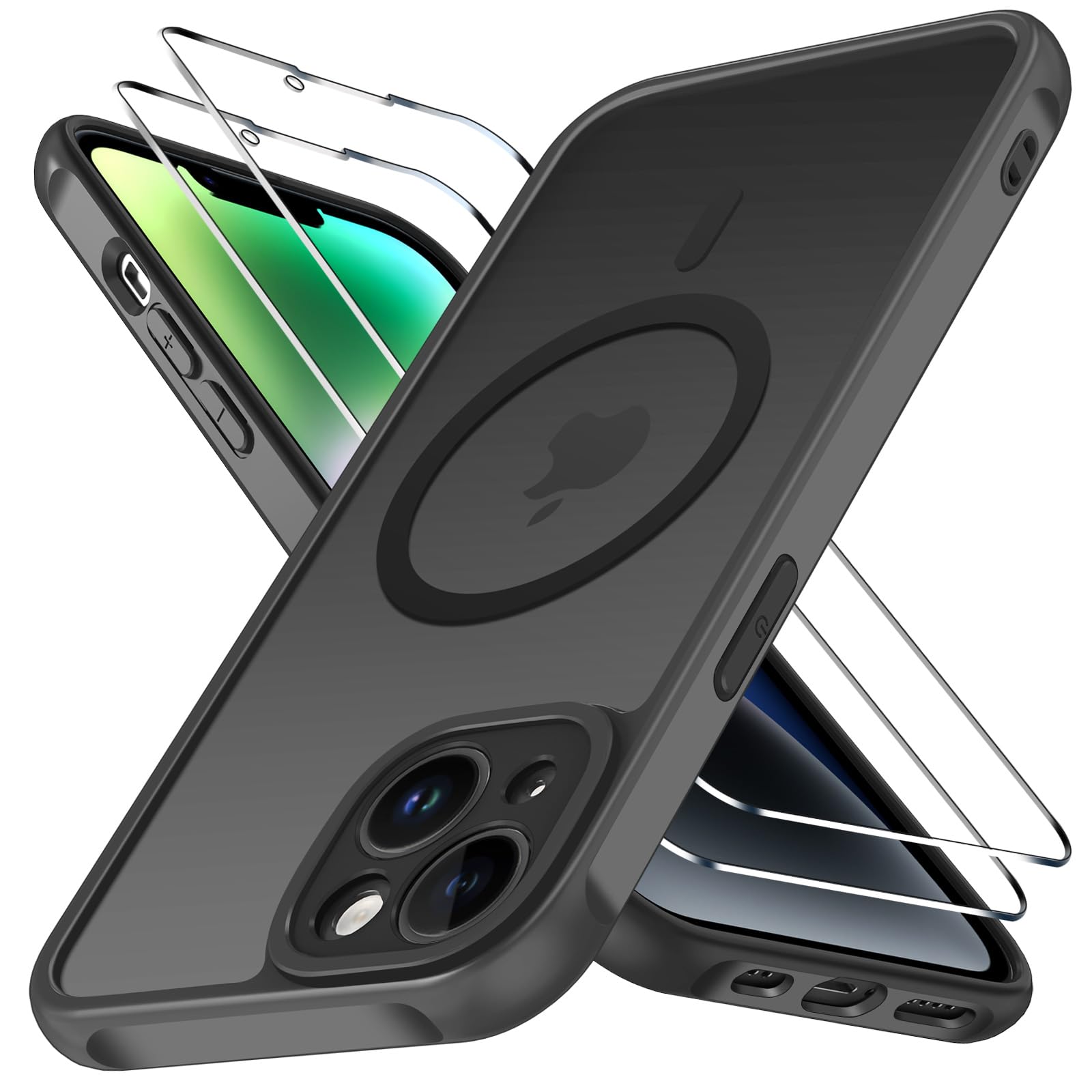 iVoler Cover Magnetica per iPhone 14 5G con 2 Pezzi Pellicola Vetro Temperato, [Compatibile con MagSafe] Custodia Traslucida Opaca Sottile Anti-Impronte MagSafe Case, Nero