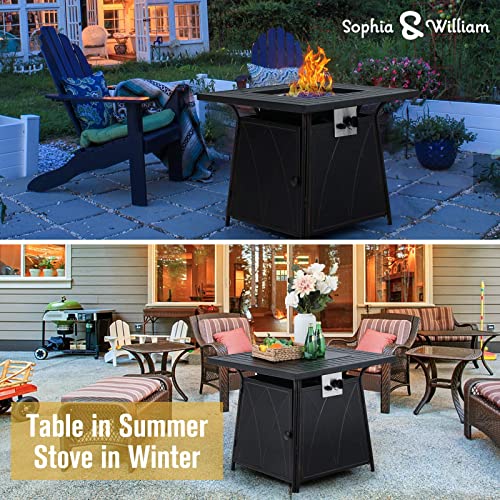 Sophia & William Gas Fire Pit Table 28 Inch 50,000Btu Square Outdoor Propane Firepits 2 In 1 Auto-Ignition Patio Fireplace For Outside With Lid And Blue Fire Glass, Black #TOP1