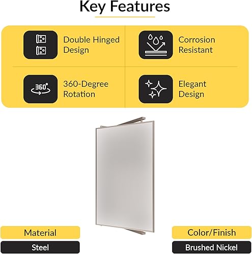Miniatura 3 de Brixwell PNV14BN - Espejo rectangular con doble bisagra Pivot-N-Vue de 14 pulgadas de ancho x 22 pulgadas de alto, níquel cepillado