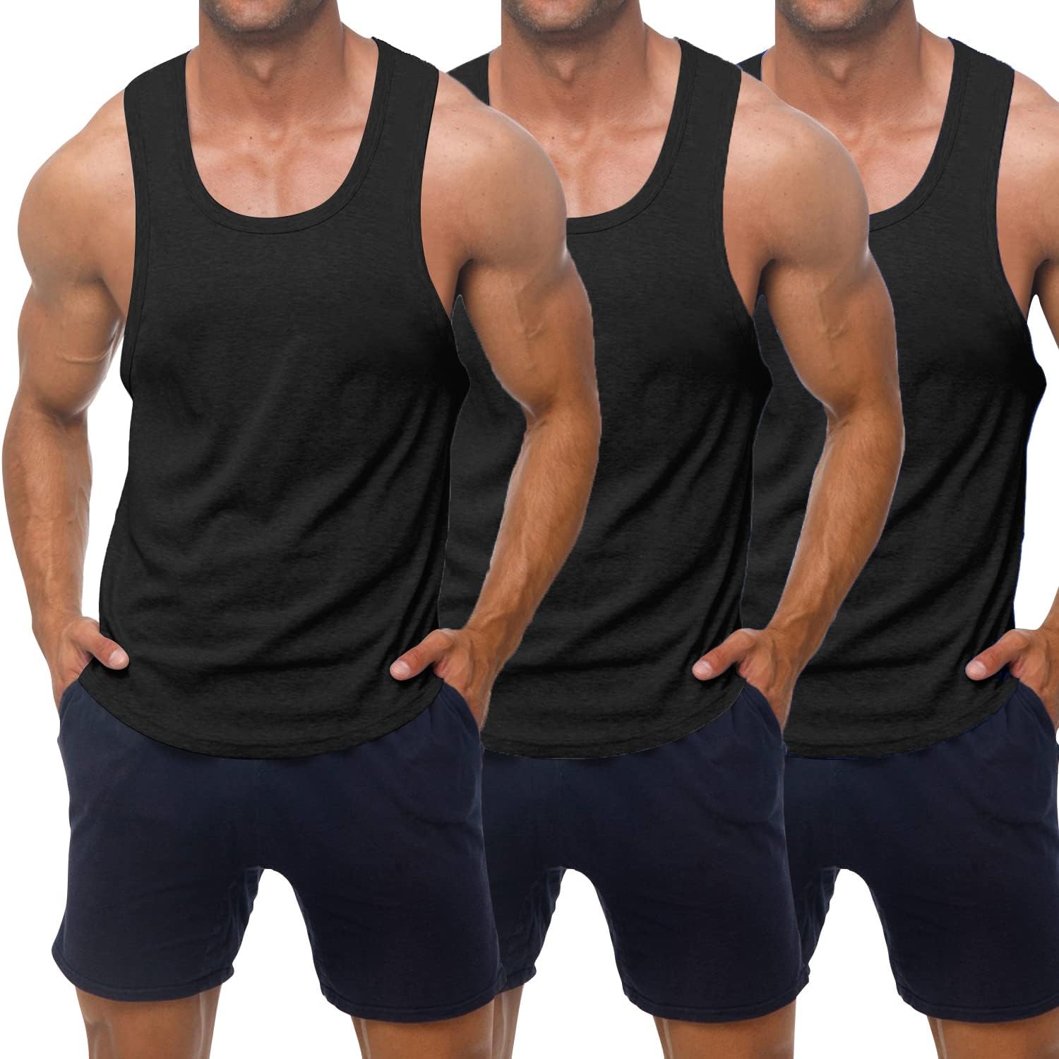 KAWATA Men's 3 Pack Workout Tank Top Quick Dry Gym Muscle Tees Fitness Bodybuilding Sleeveless T Shirts