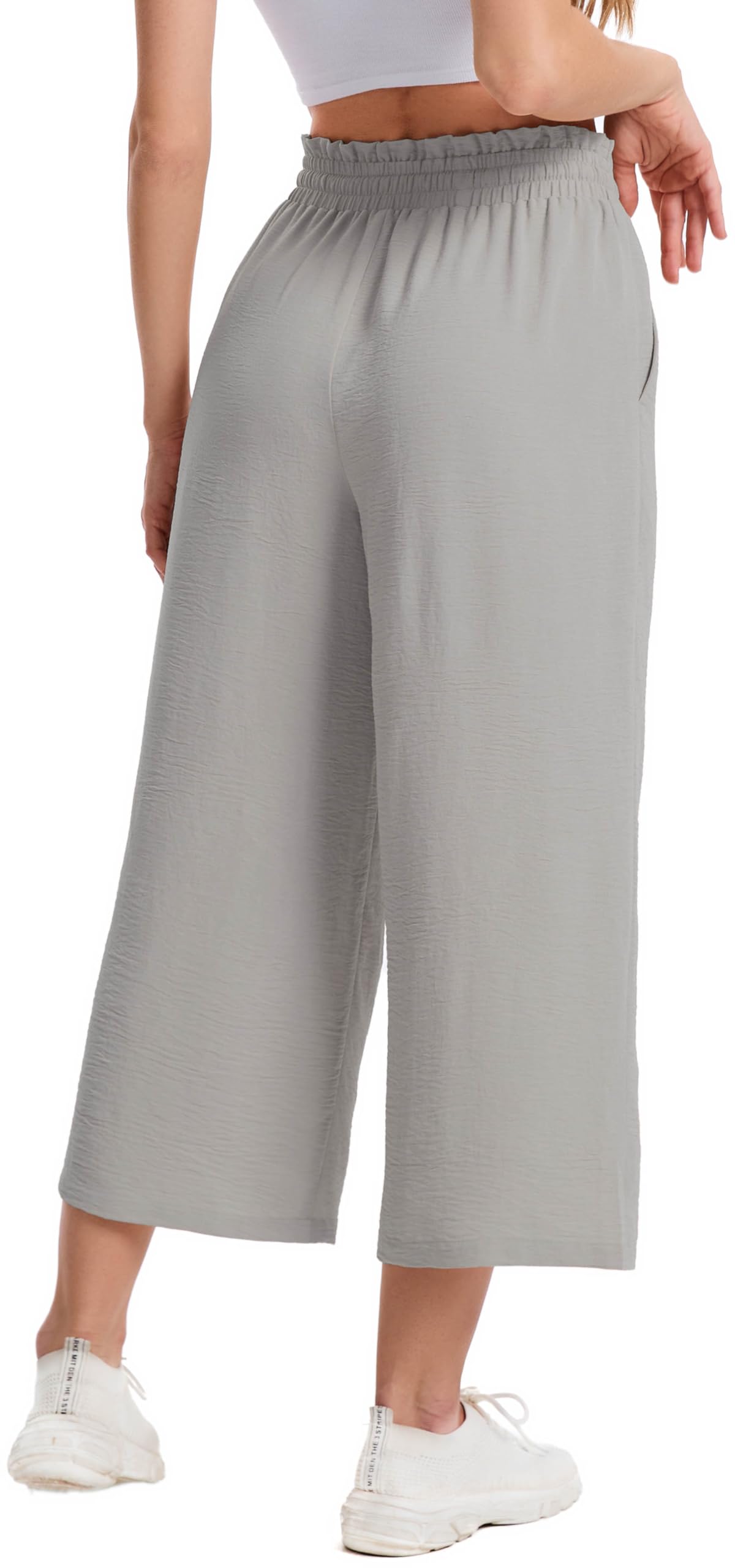 Damskie Spodnie Letnie 3/4 Culotte Wysoki Stan z Falbanką Elastyczną Talią Lekkie Oddychające Spodnie Capri z Kieszeniami dla Kobiet
