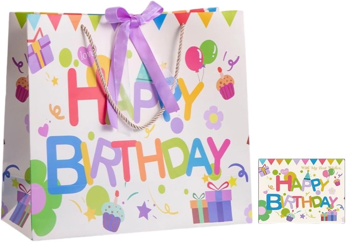 JQJJCY 13.8” Large Birthday Gift Bag with Handle and Card, Large Colorful Balloon Gift Bag with Ribbon for Kids Girls Women