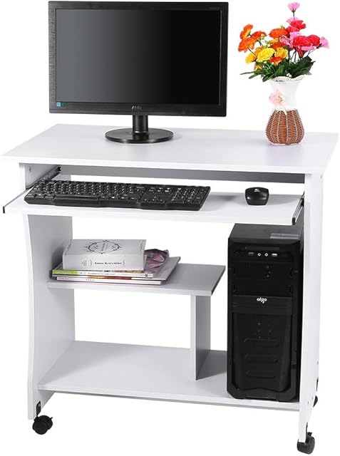 lyrlody Computer Desk,Wooden Modern Stylish Movable Computer Table Portable Study Writing Table Workstation with Sliding Keyboard Tray Shelves for Home Office, 80 x 48 x 74cm