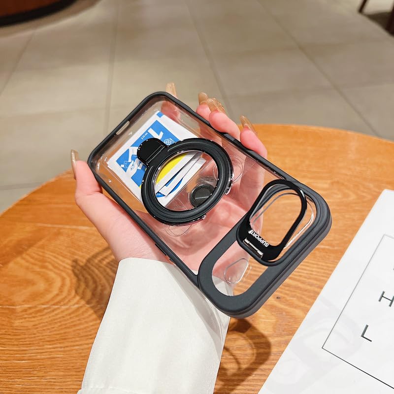 Image of LuxuryKase Magnetic Clear Case for iPhone Air | Metal Ring Stand | Camera Lens Protector Rings | Shockproof Hard PC Back | MagSafe Compatible | TPU Bumper - Black